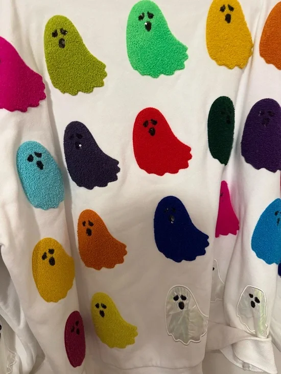 QUEEN OF SPARKLES White Crewneck Sweatshirt with Multicolor Ghost  size XL - Picture 3 of 5